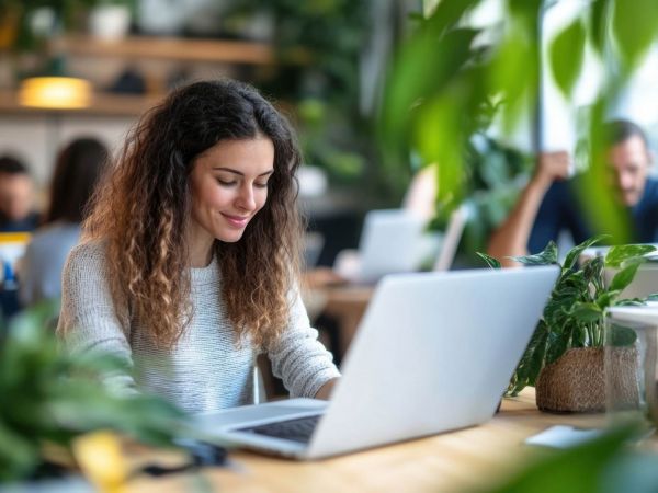 Resident working on a laptop in the Linden Village co-working lounge surrounded by greenery and natural light.