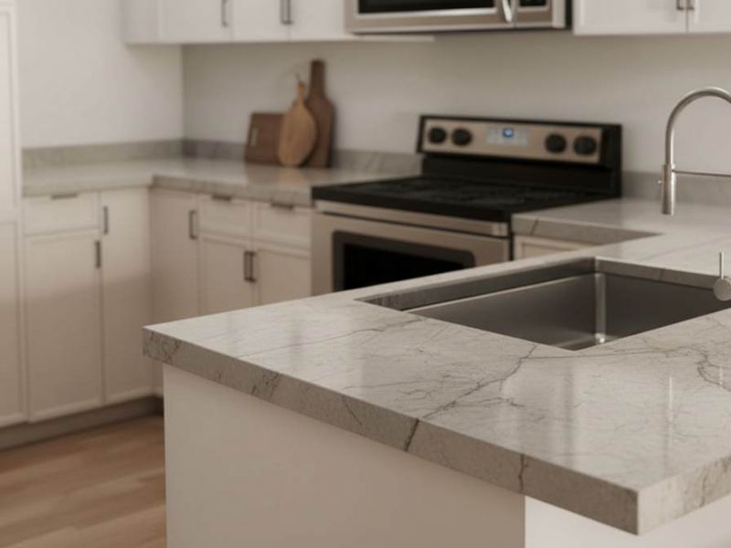 Modern kitchen at Linden Village featuring stone countertops, stainless steel appliances, and a sleek under-mount sink.
