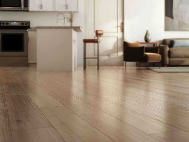 Open living area at Linden Village showcasing warm wood-style flooring, natural light, and modern interior finishes.